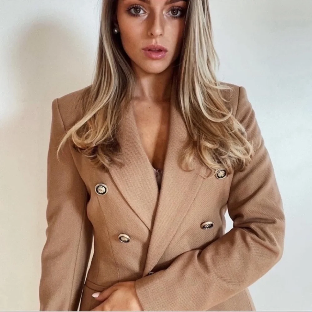 NEW WOMAN DOUBLE-BREASTED PIQUÉ BLAZER TAILORED JACKET CAMEL  XS